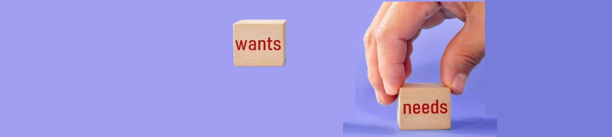 2 wooden blocks with the words "wanrs" and "needs" printed on them. 