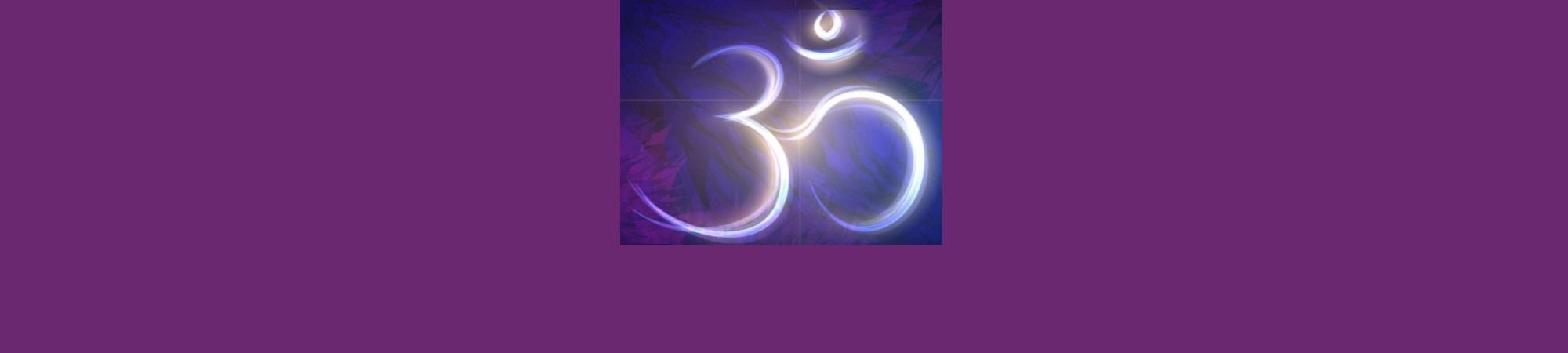OM symbol. Luminescent. Electric. On Purple background.
