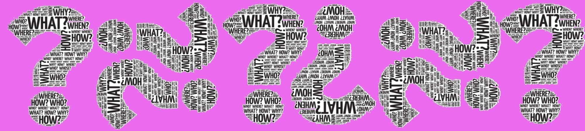 Large question marks composed of who, what, when, why, etc. words.
