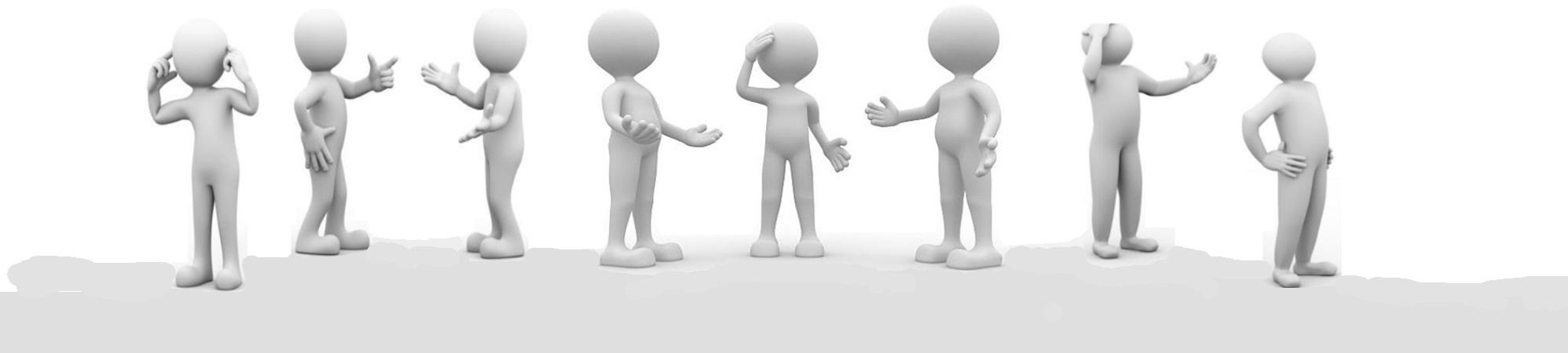 Eight white clay figures all blabbing platitudes