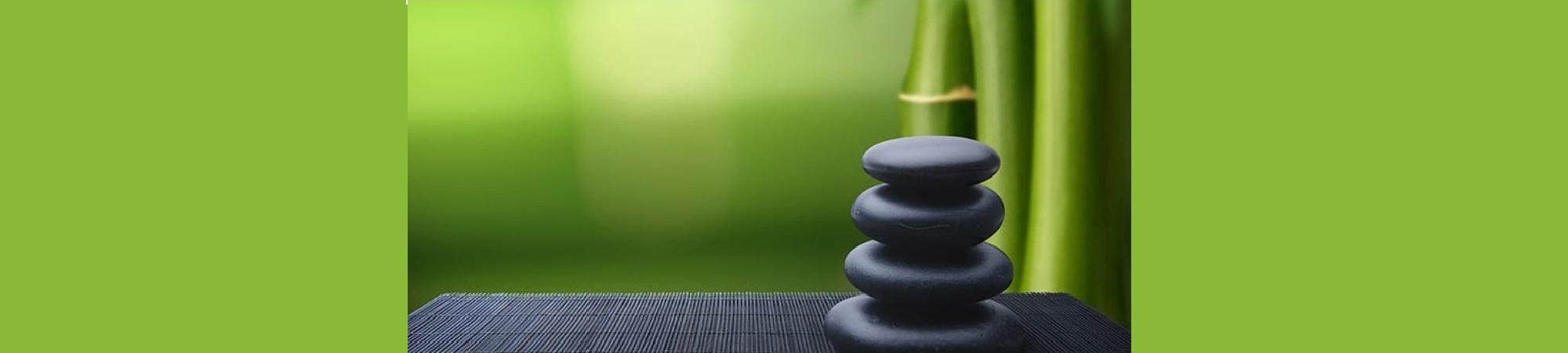 Four black smoothed stones stacked in front of bamboo trunks