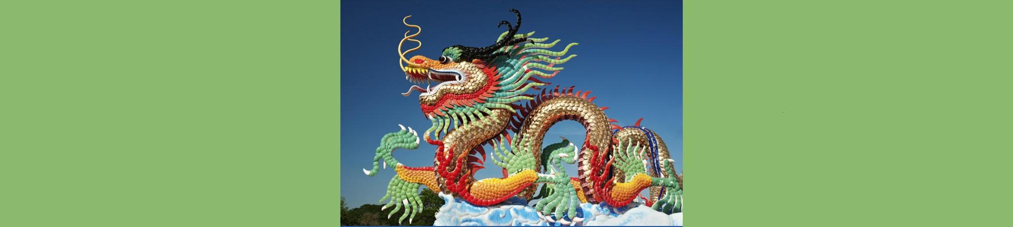 Colorful dragon facing left on blue sky