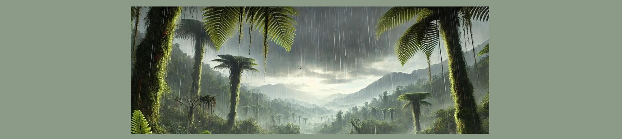 Rain on very early earth, palm trees, gray skies