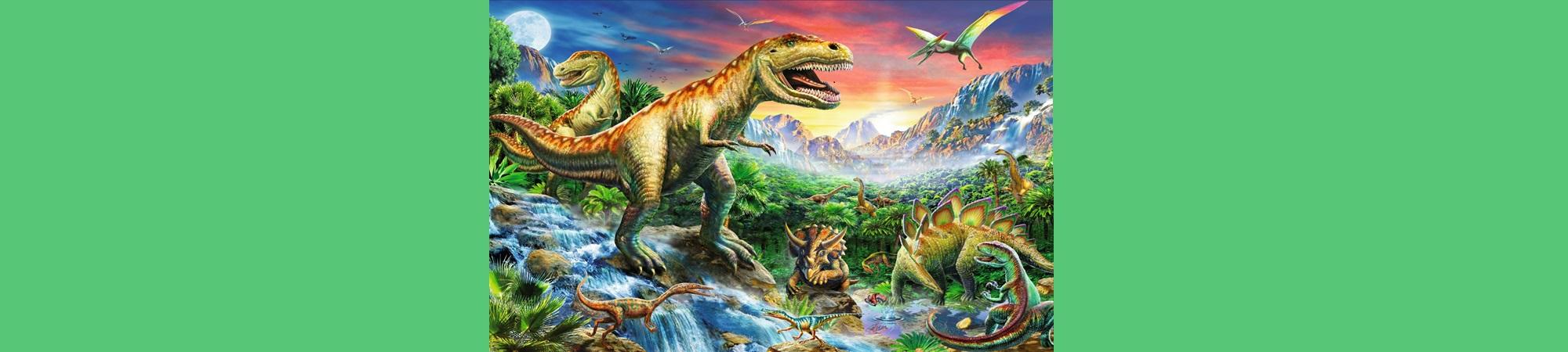 Dinosaurs walking in lush green landscape