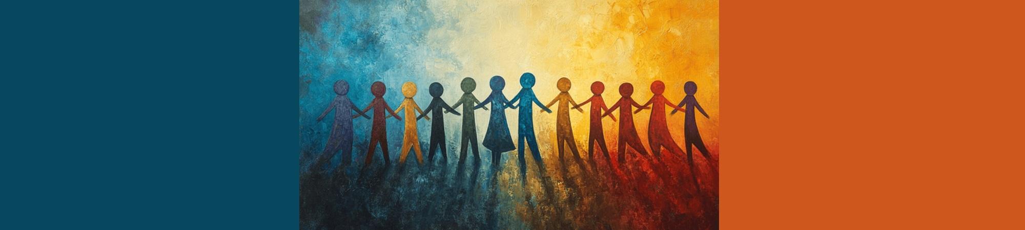 Several human figures from blue to red colors