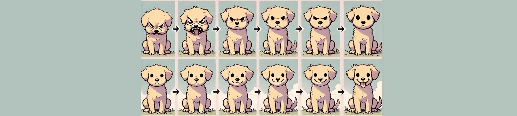 Twelve cartoon images of a puppy from frown to smile