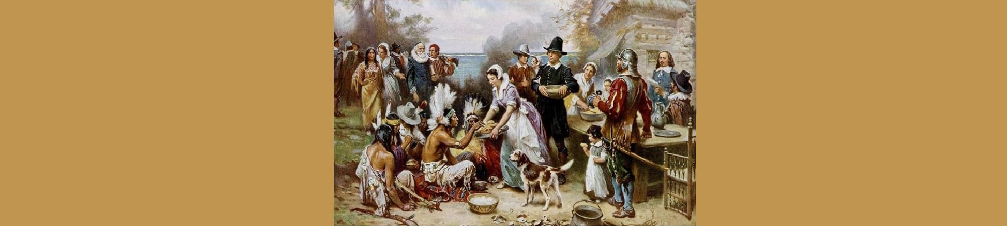 Pilgrims and Native Americans feasting
